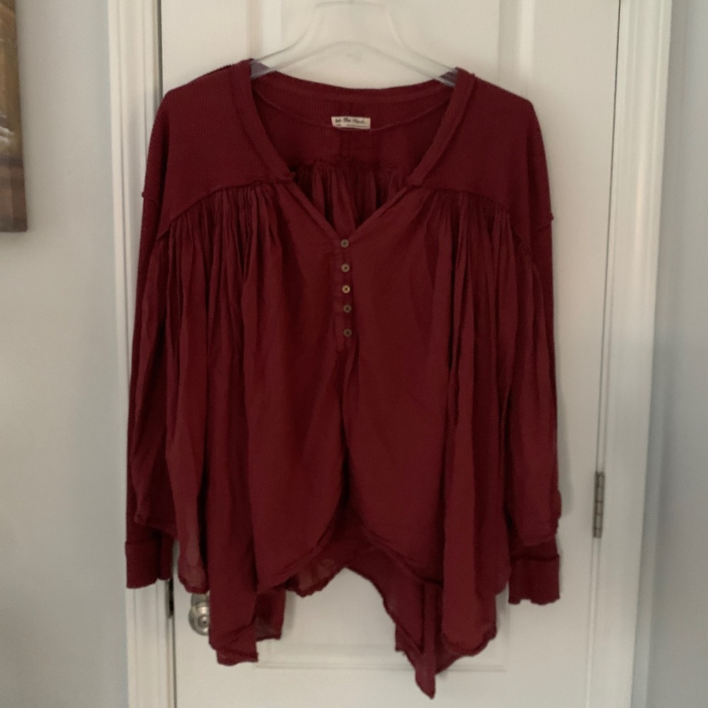 Free People We The Free New You Thermal Henley Top Burgundy Wine OB1821307 Large